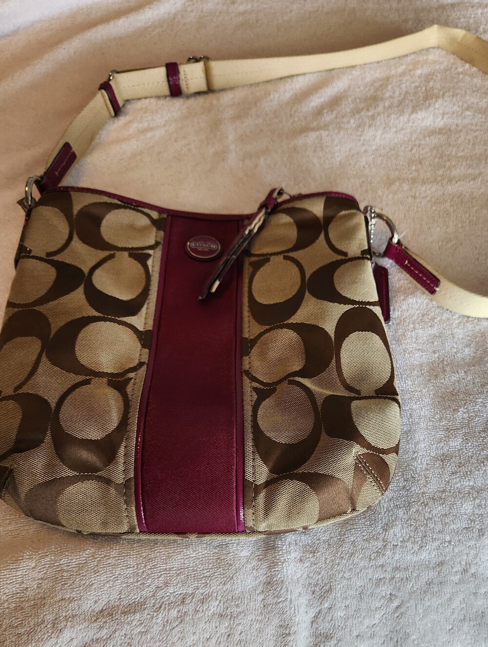 Coach Brown Signature Crossbody with Berry Center Stripe and Ivory Strap